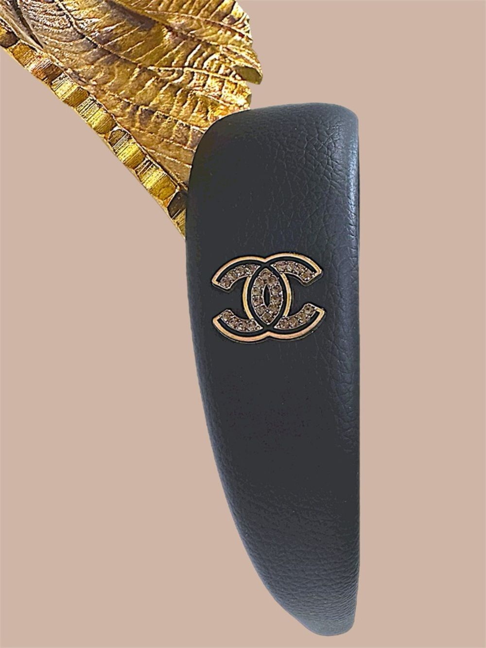 CHANNNEL Black Padded Headband with Gold CC Crystal Logo